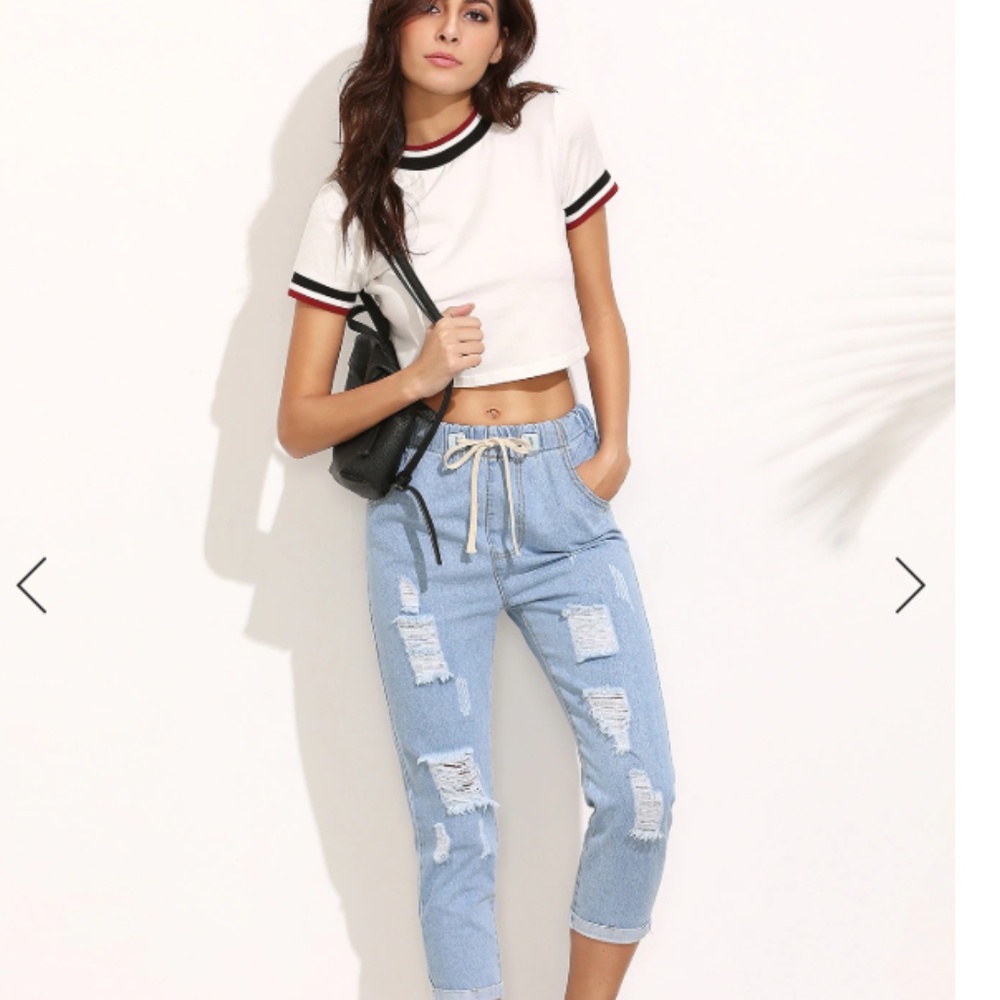 DISTRESSED DRAWSTRING WAIST CROPPED JEANS - Picture 6 of 7